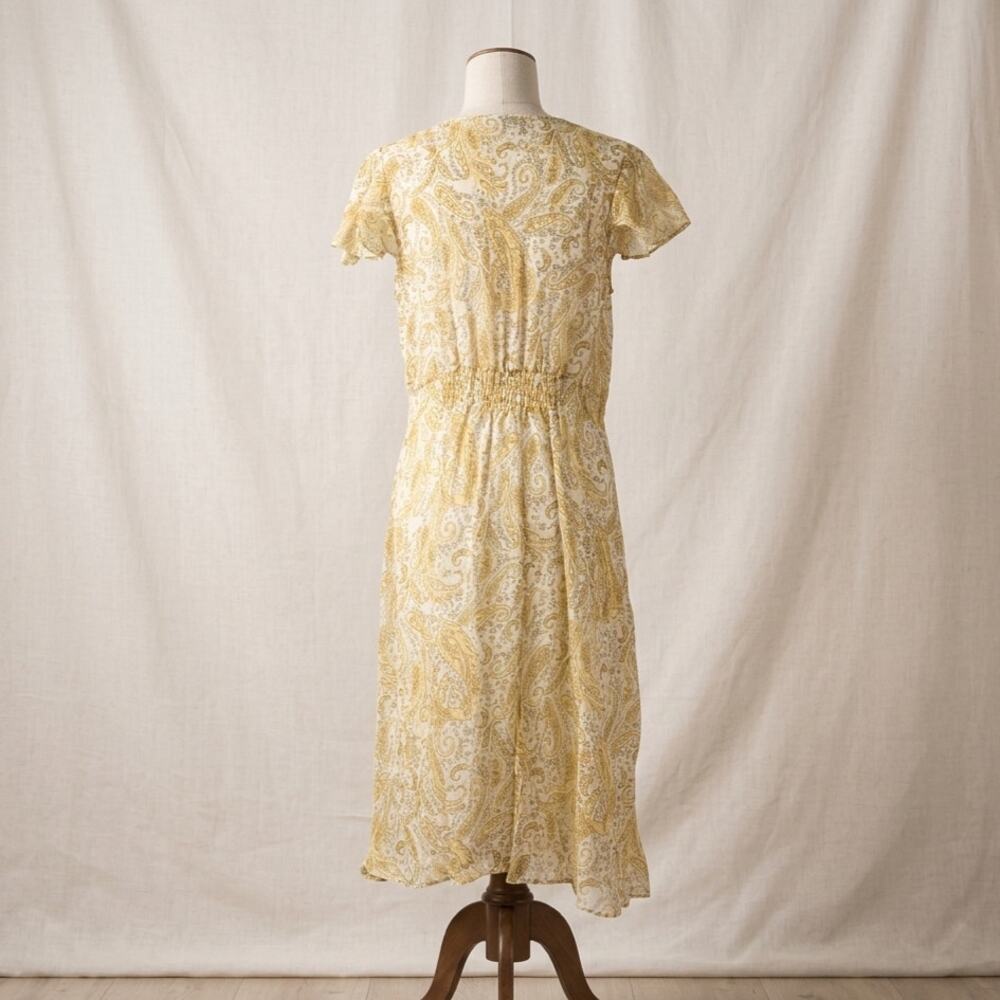 Lucky Brand Yellow Paisley Boho Midi Dress Size L Short Flutter Sleeves - Picture 5 of 7